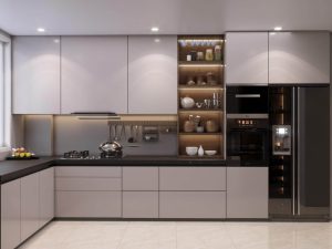 Modern kitchen with stainless steel appliances and sleek cabinetry.